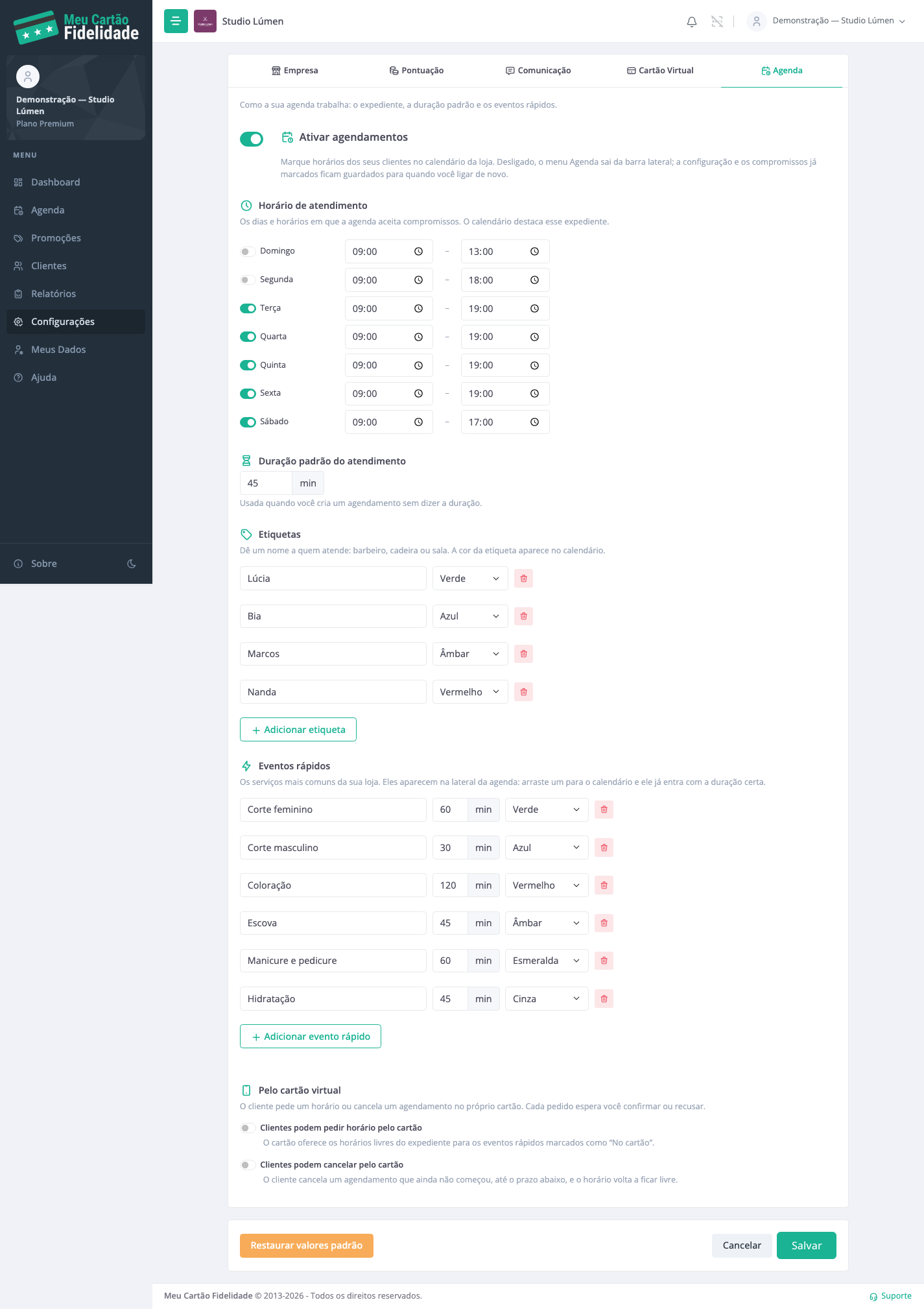 A aba Agenda: expediente, duração padrão, etiquetas e eventos rápidos.
