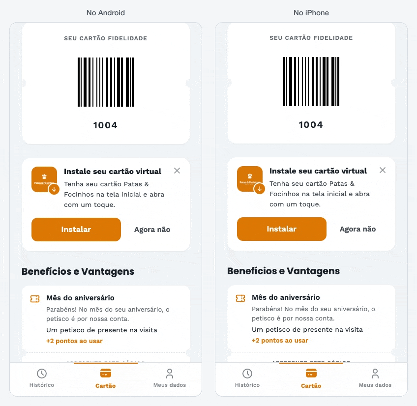 O convite logo abaixo do código de barras. No iPhone, Instalar mostra o caminho pelo menu Compartilhar.