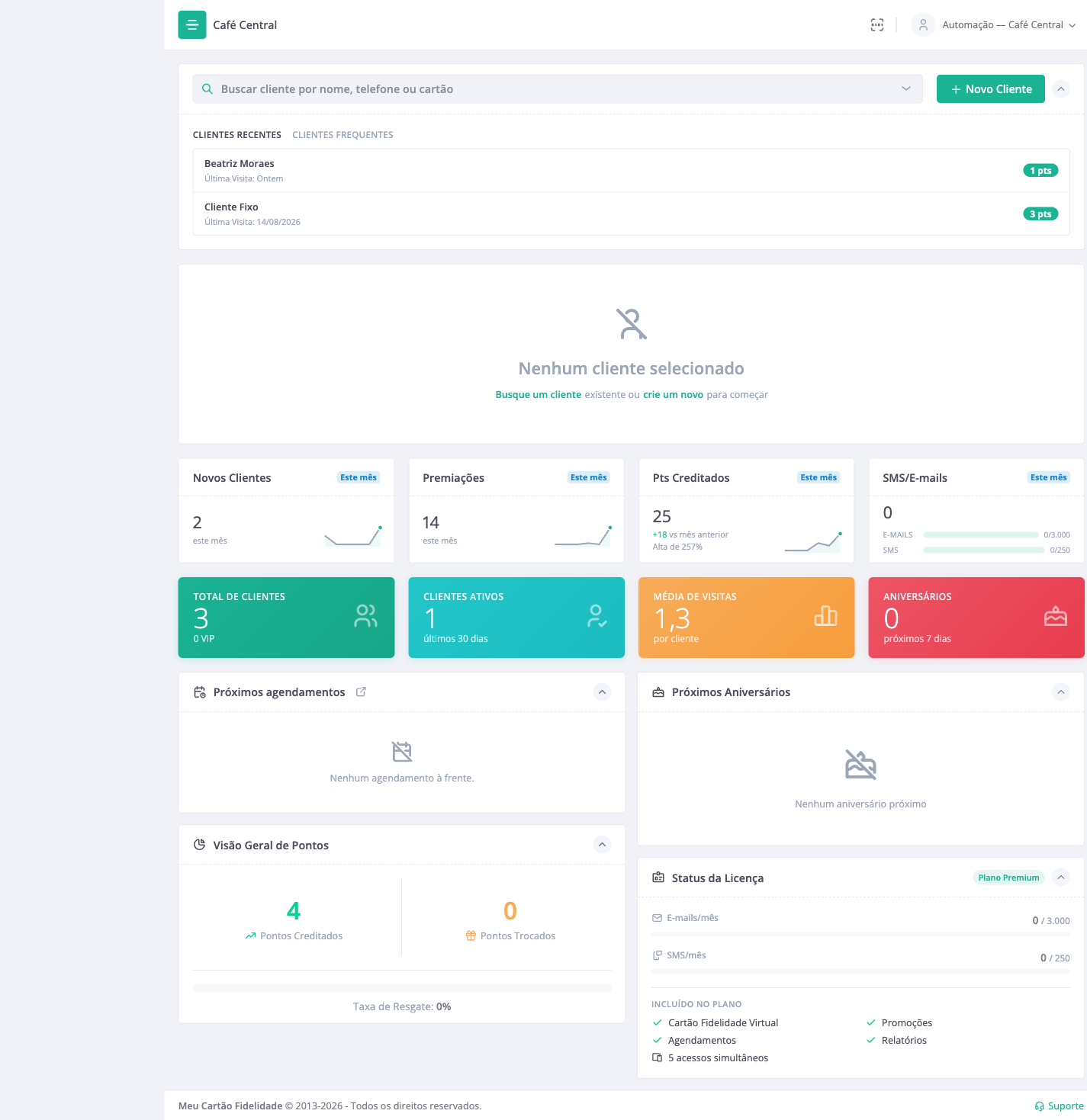 O Dashboard inteiro: busca e clientes recentes no alto, os números do mês abaixo.