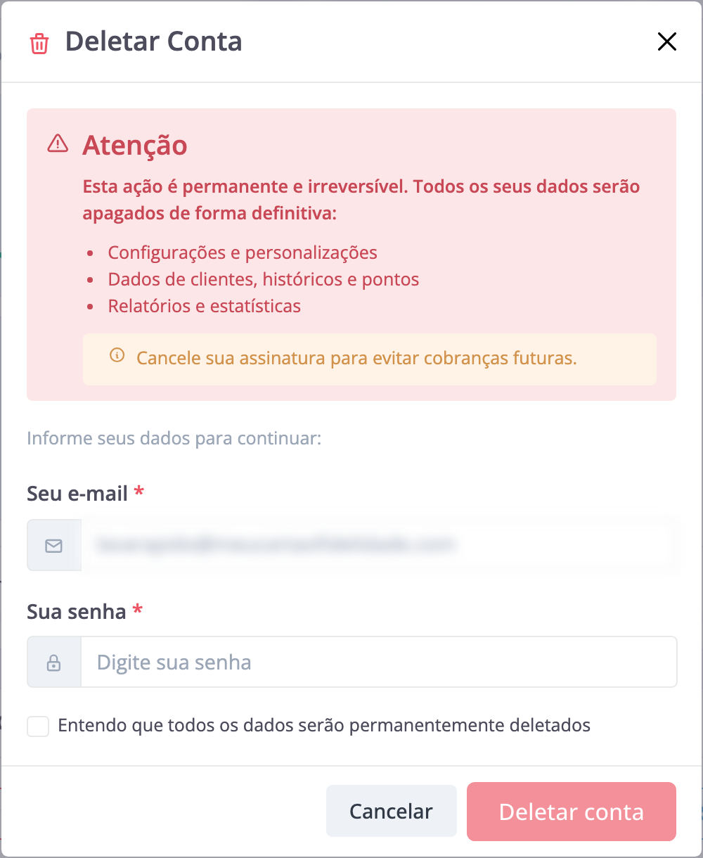 A janela de Deletar conta: o aviso, o lembrete de cancelar a assinatura e os três passos de confirmação.