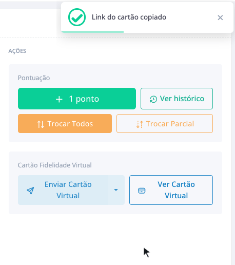O menu do Enviar Cartão Virtual: por e-mail ou SMS, pelo WhatsApp, ou copiando o link.