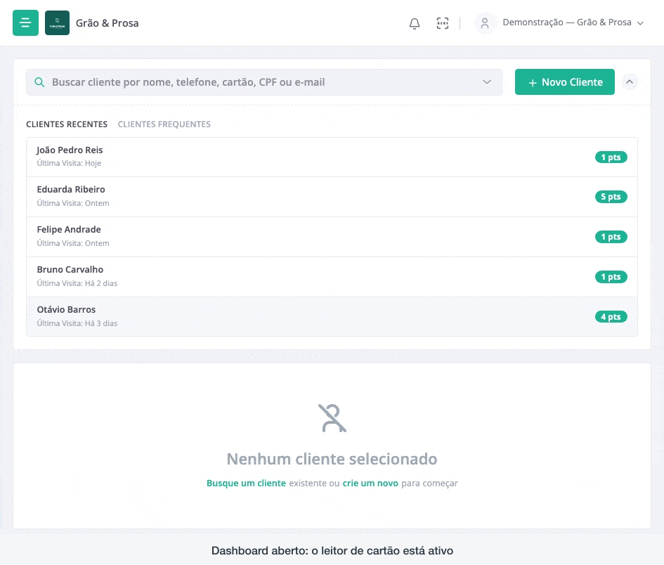 Com o Dashboard aberto, o leitor bipa o cartão 5021 e o painel da cliente abre sozinho.