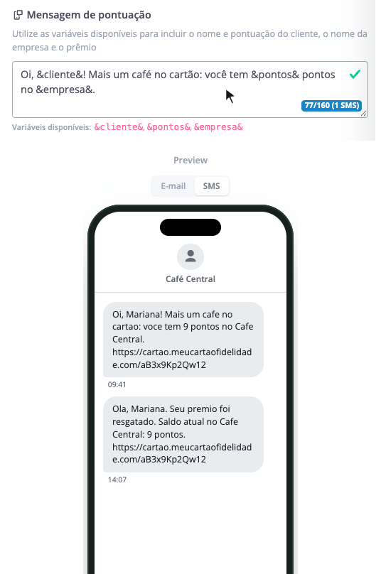 A prévia do e-mail e do SMS no celular, mudando enquanto a mensagem é escrita.