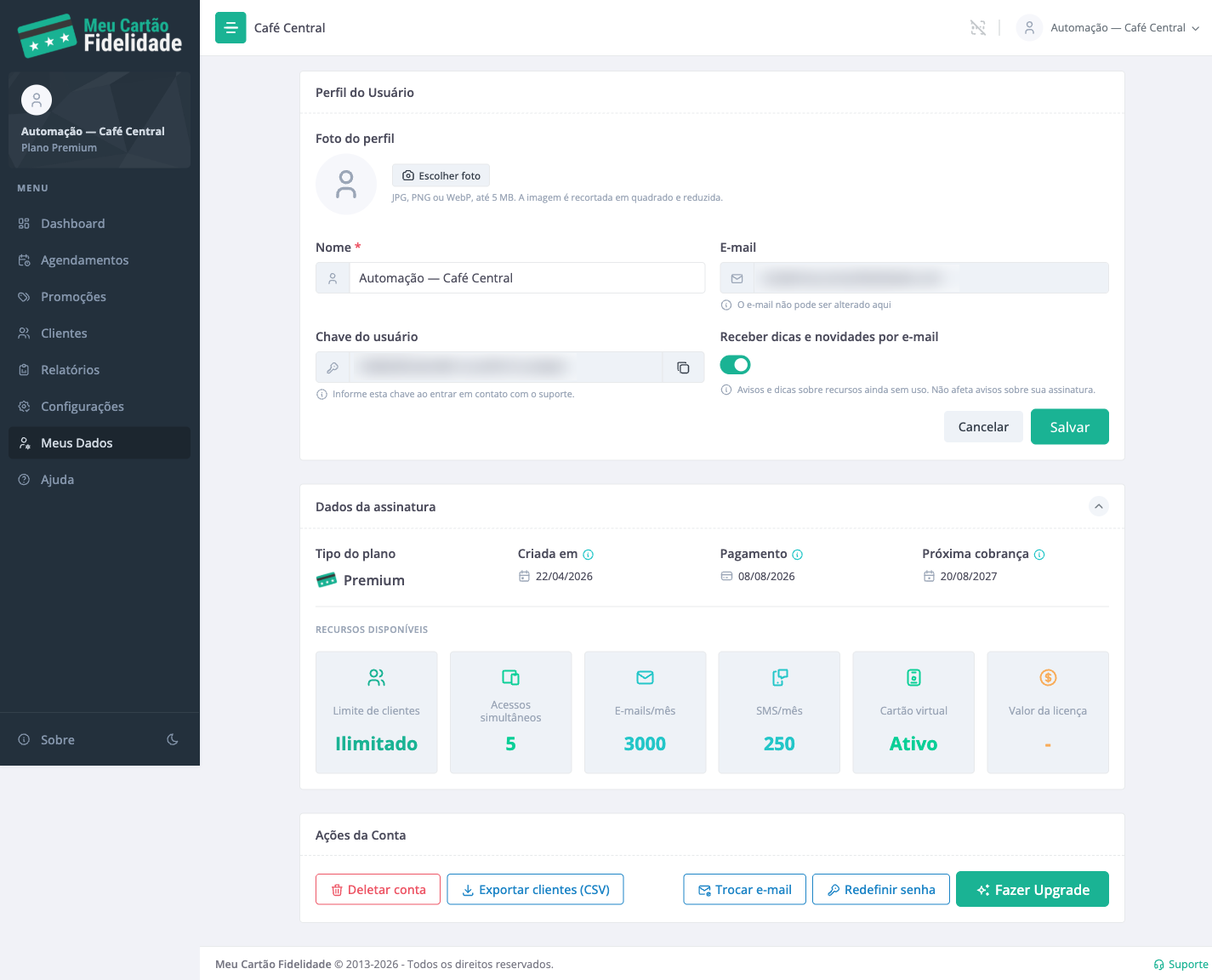Meus Dados: os dados da assinatura e os recursos disponíveis.