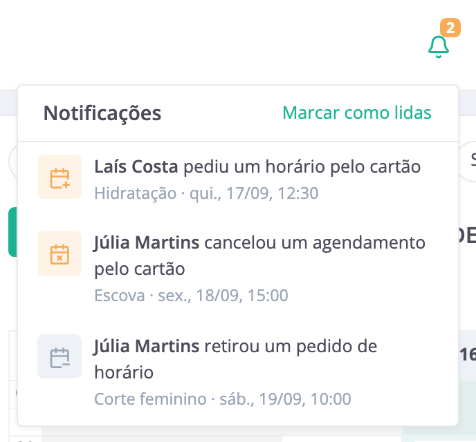 O sino aberto: um pedido e um cancelamento ainda não vistos, e um pedido retirado já lido.