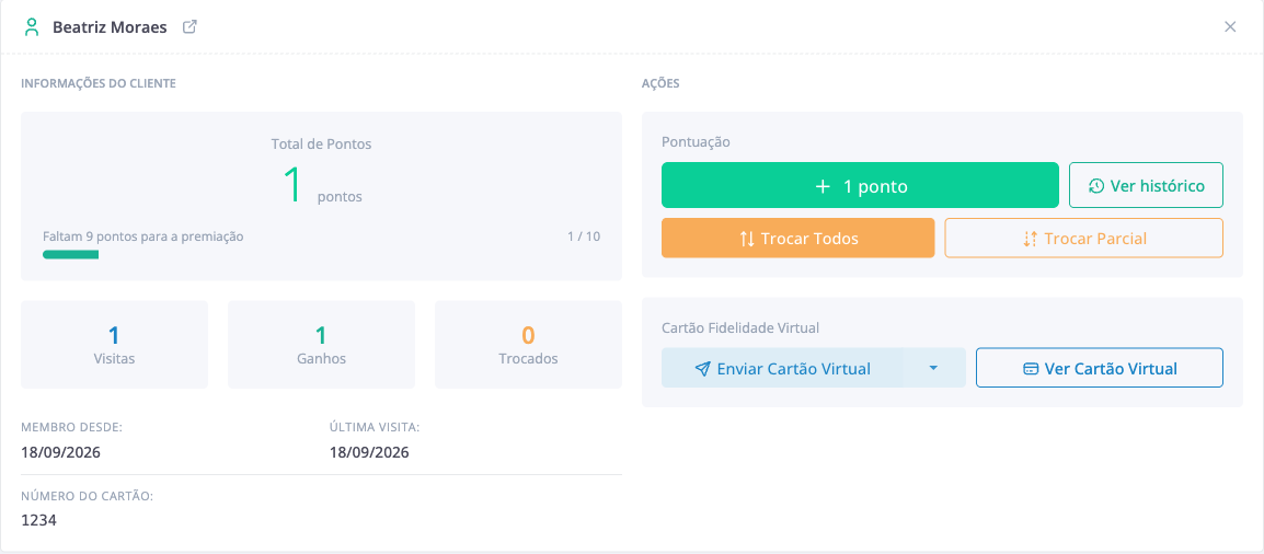 Ações do cliente: pontuar, ver histórico e trocar pontos.