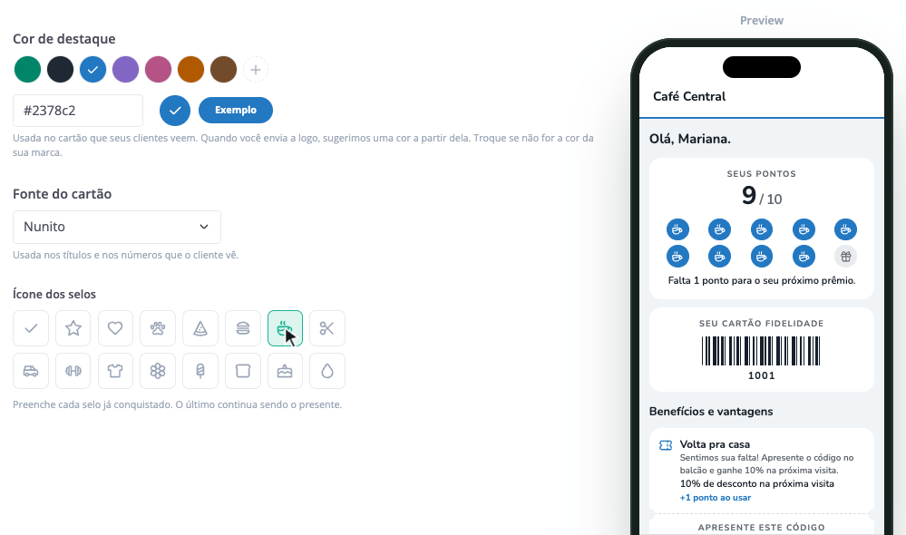 Em Configurações → Cartão Virtual, a cor, a fonte e o ícone dos selos mudando no exemplo ao vivo.