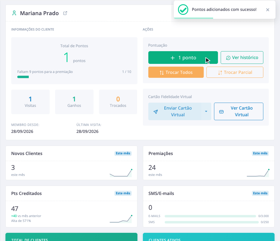 Pelo Dashboard: Novo Cliente, o nome, Salvar, e o cliente já abre selecionado para o primeiro ponto.