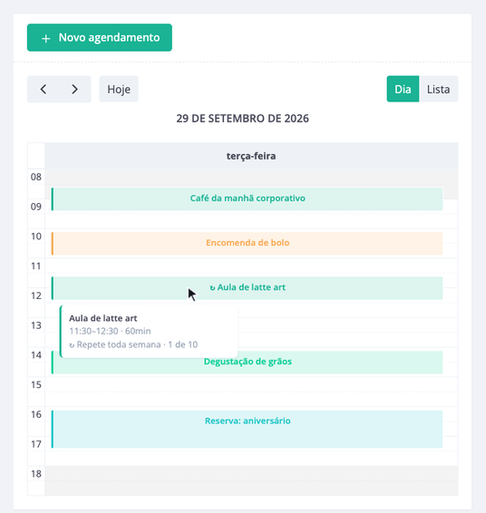 Um atendimento marcado para repetir toda semana: o ↻ no calendário e a posição na série no balão.
