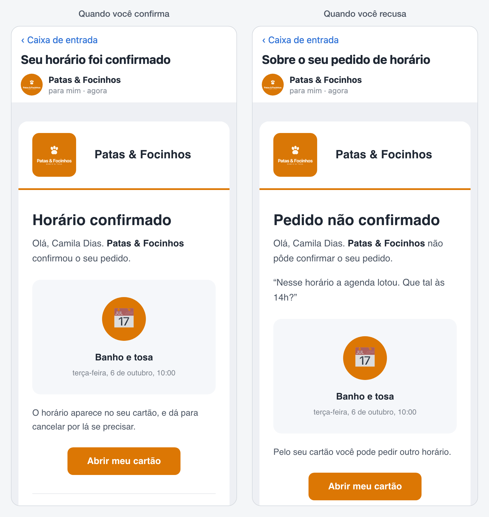 Os dois e-mails que o cliente recebe quando você responde a um pedido de horário.