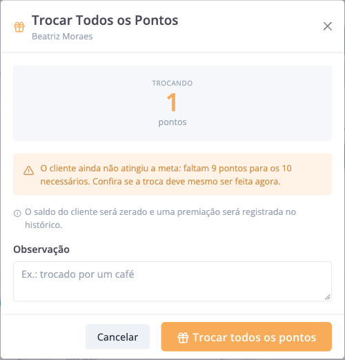 Trocar Todos: o saldo que será zerado e o aviso de meta não atingida.