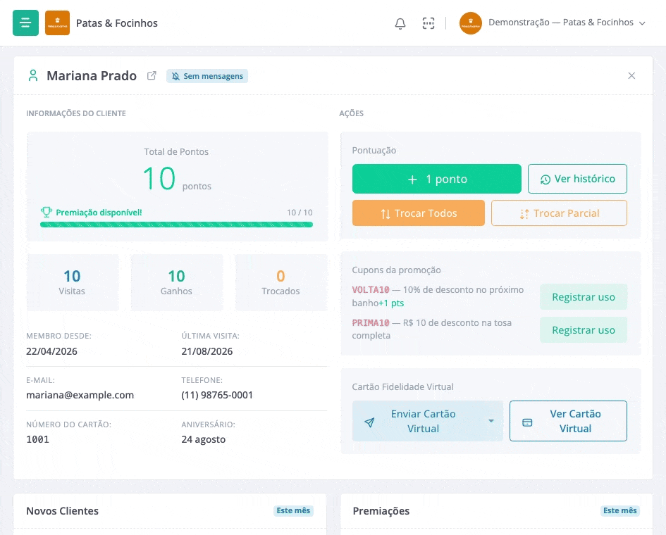 Ver Cartão Virtual abre o cartão do cliente numa janela, do jeito que ele vê no celular. Nada é enviado.